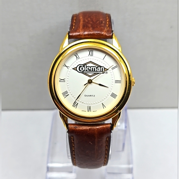 Coleman Quartz 18k Gold Plated Roman Numeral Dial Mens Leather Strap New Battery - Picture 1 of 11